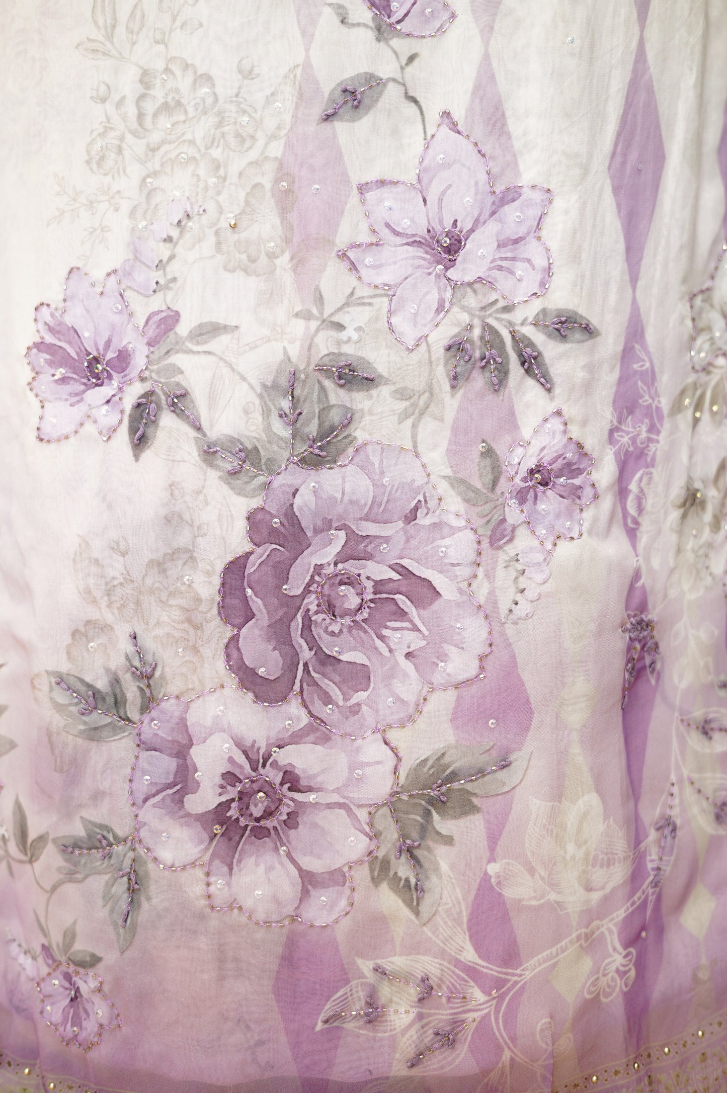 Off White Printed Organza Suit with Handwork