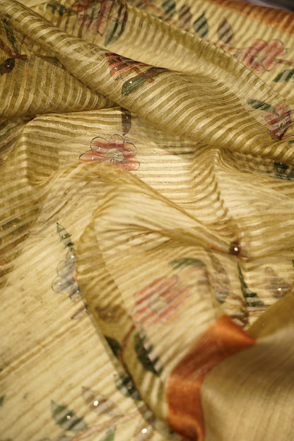 Mustard Pure Silk Tussar Mukaish Work Suit with Hand Painting