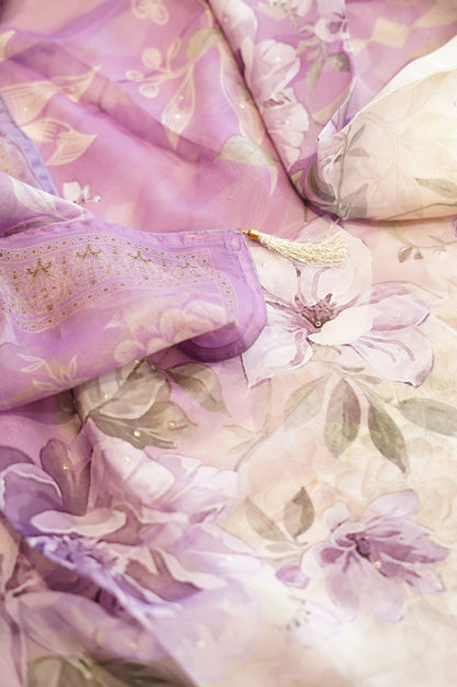 Off White Printed Organza Suit with Handwork