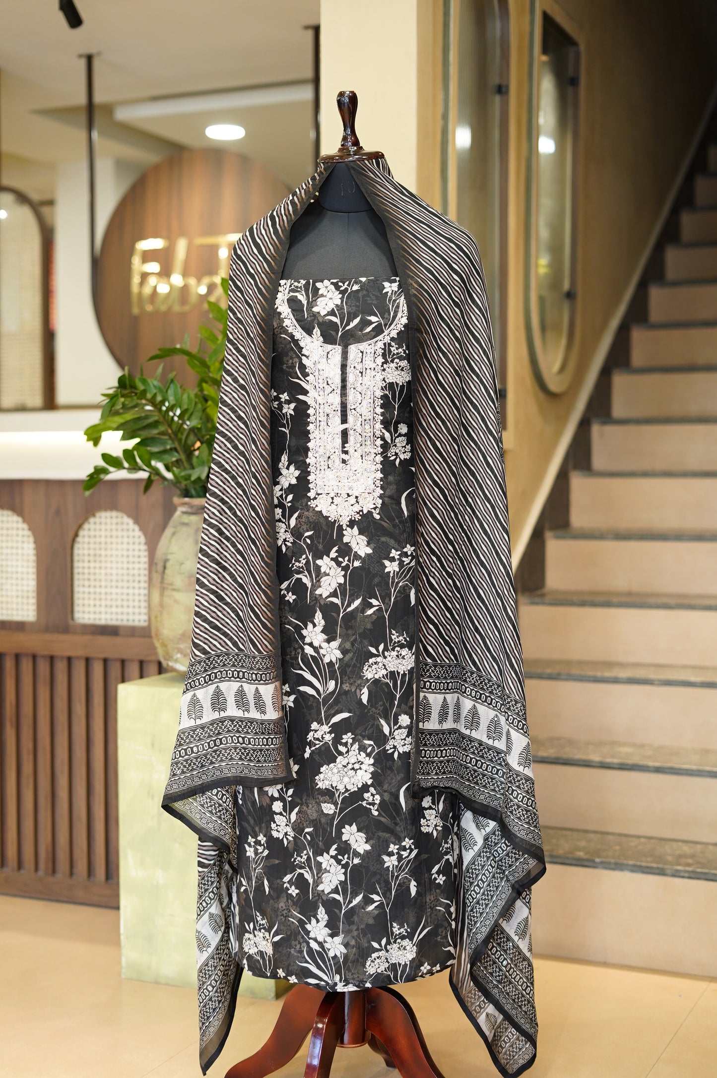 Black Printed Organza Suit with Handwork