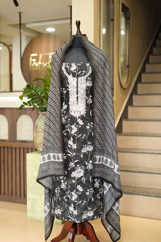 Black Printed Organza Suit with Handwork