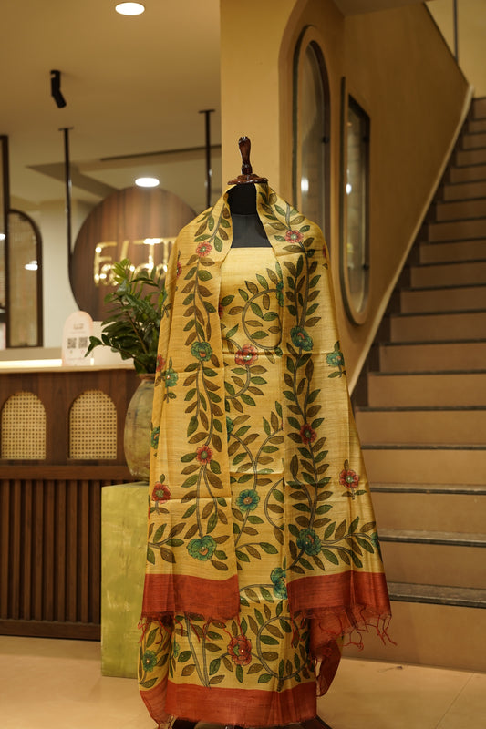 Yellow Pure Silk Tussar Mukaish Suit with Hand Painting