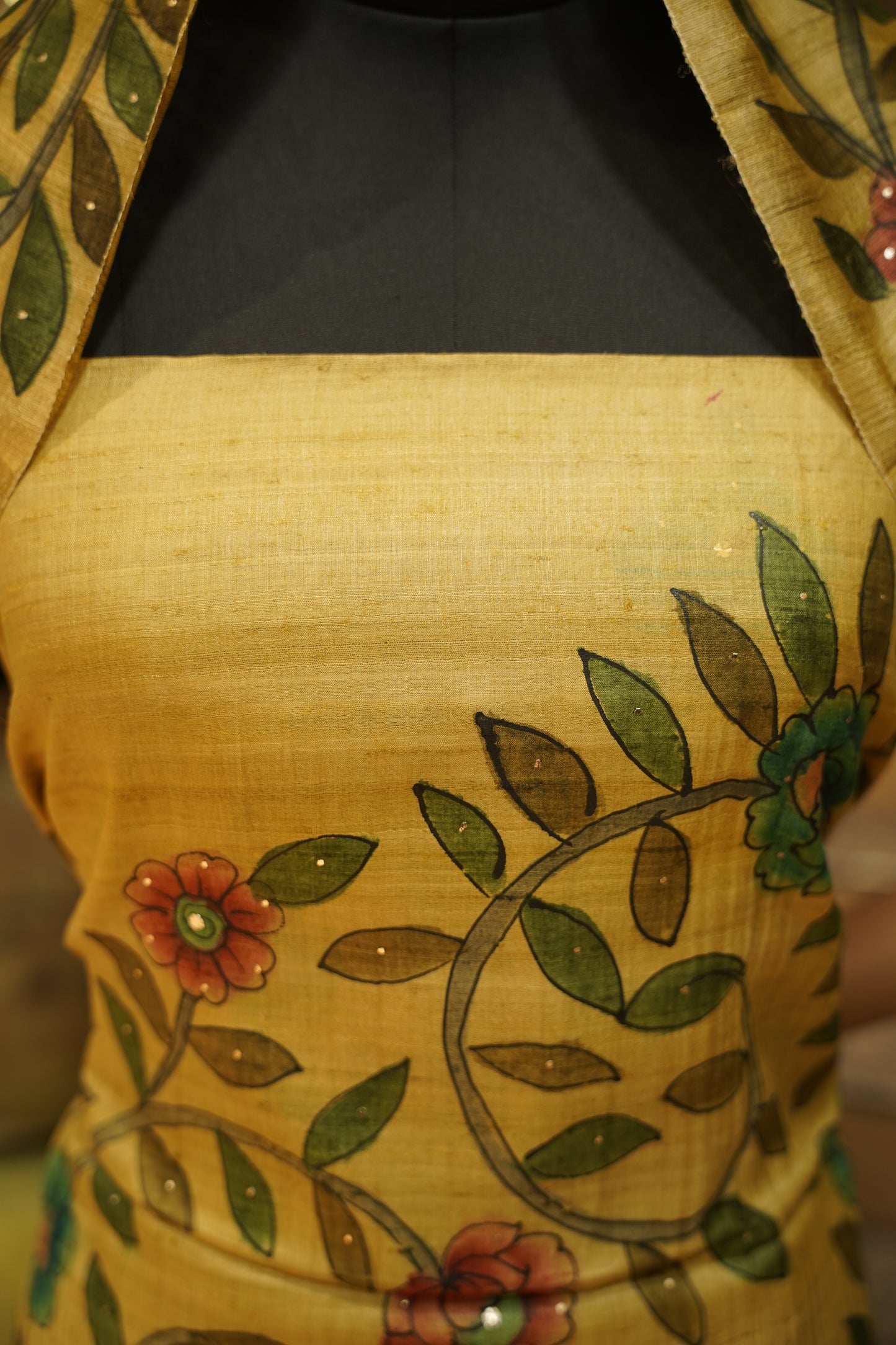 Yellow Pure Silk Tussar Mukaish Suit with Hand Painting