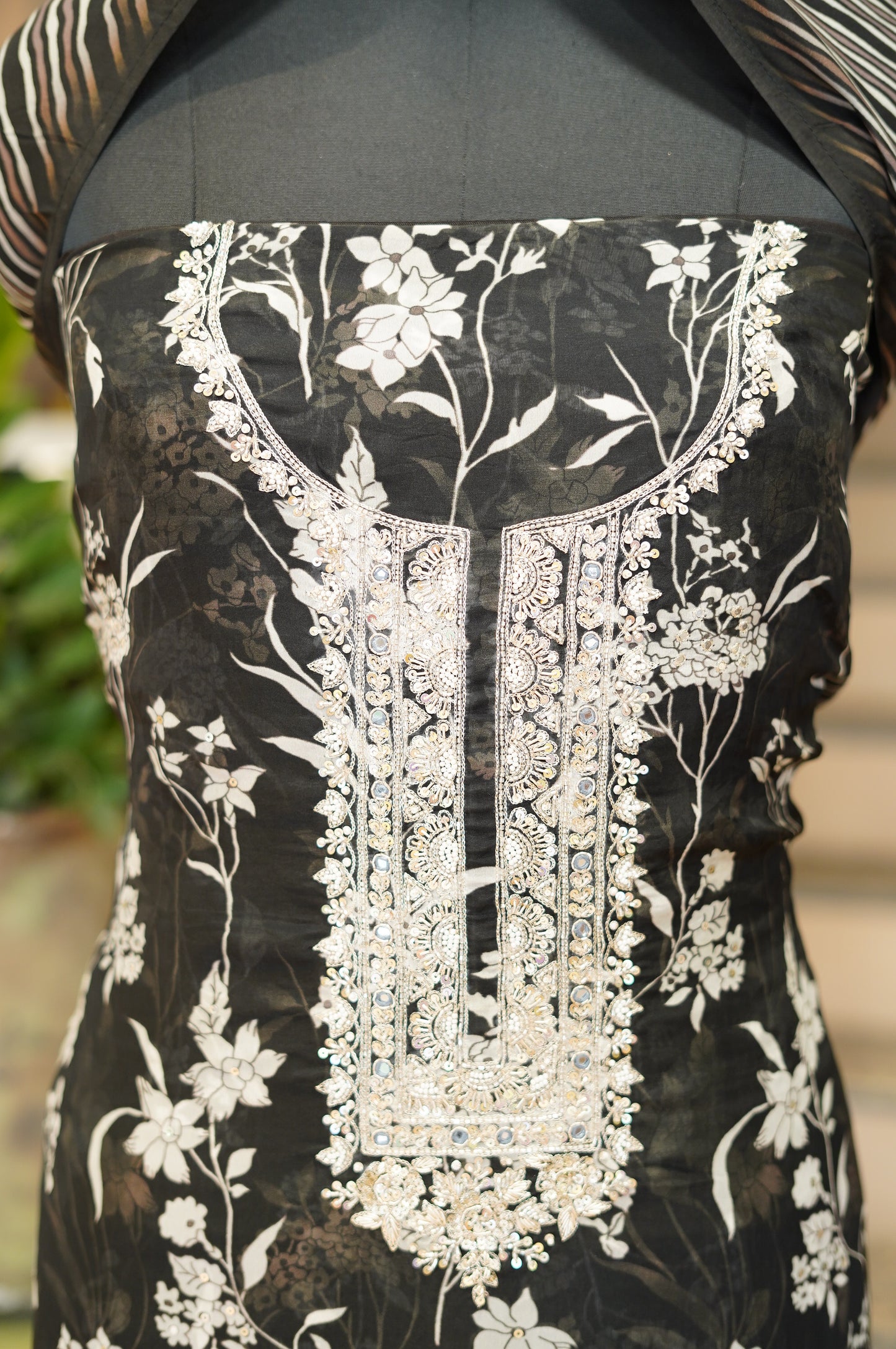 Black Printed Organza Suit with Handwork