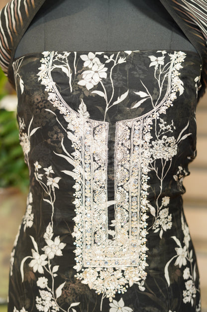 Black Printed Organza Suit with Handwork
