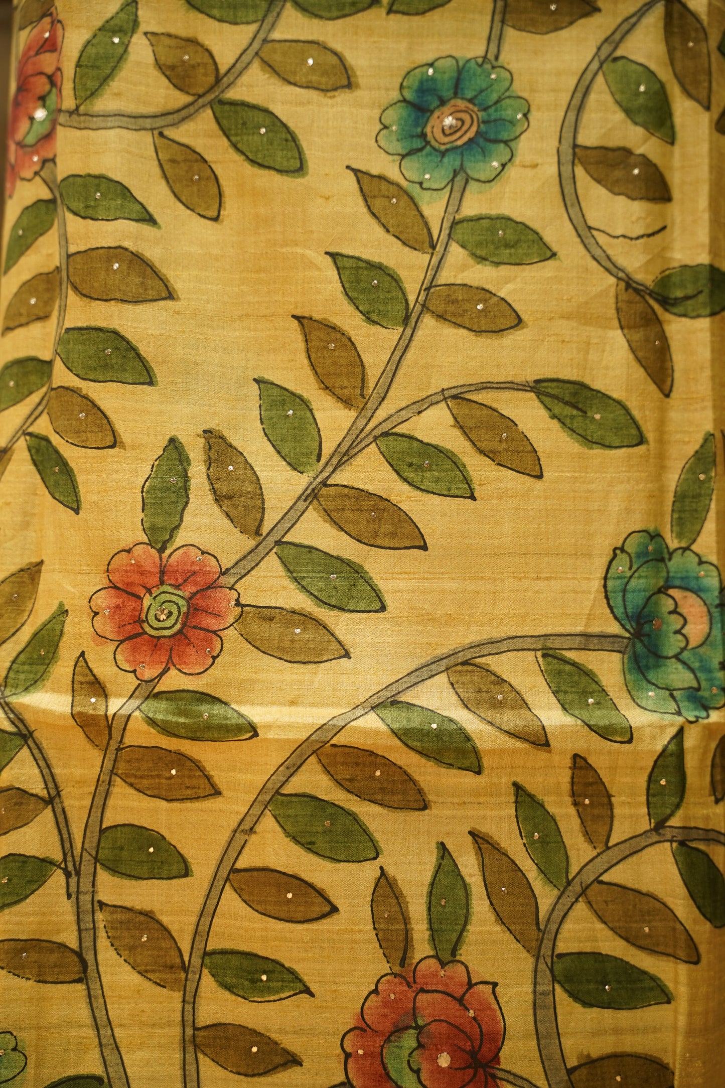 Yellow Pure Silk Tussar Mukaish Suit with Hand Painting