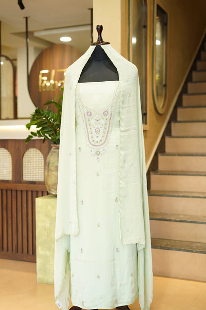 Sea Green Chinon Suit with Handwork