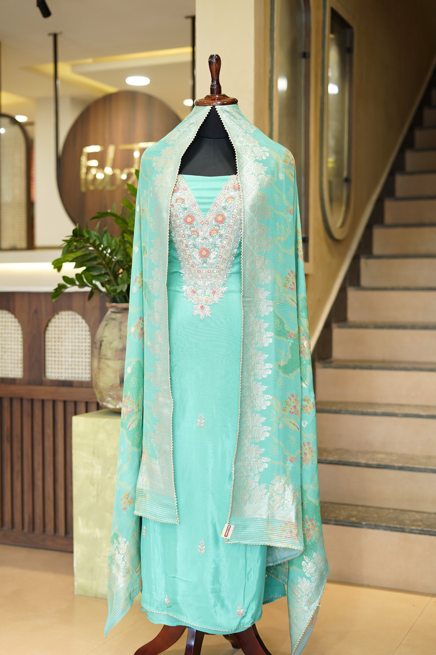 Green Crepe Silk Suit with Handwork