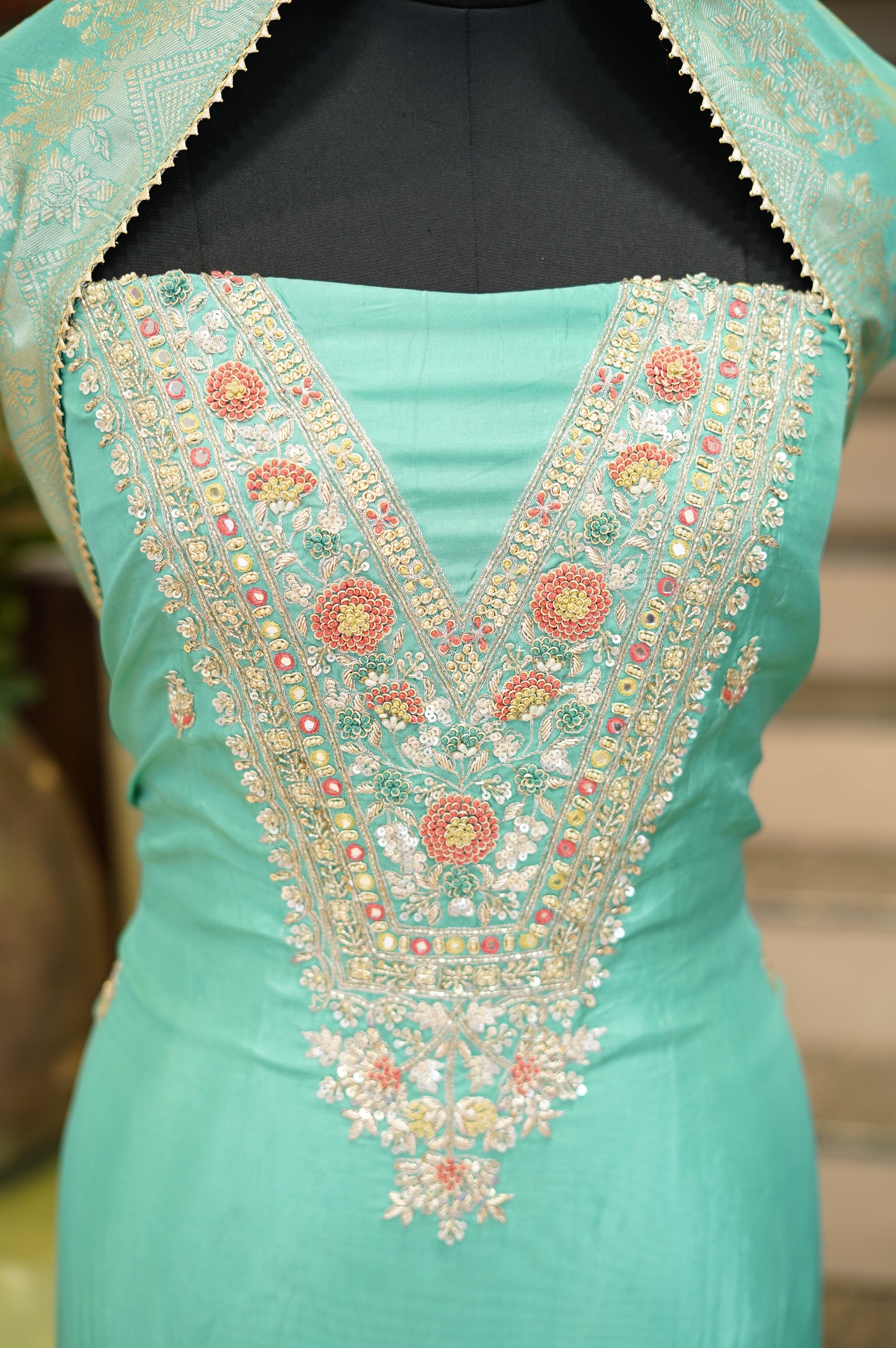 Green Crepe Silk Suit with Handwork