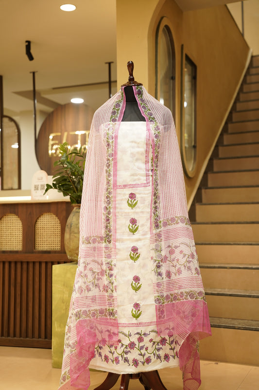 White Pure Cotton Block Printed Suit