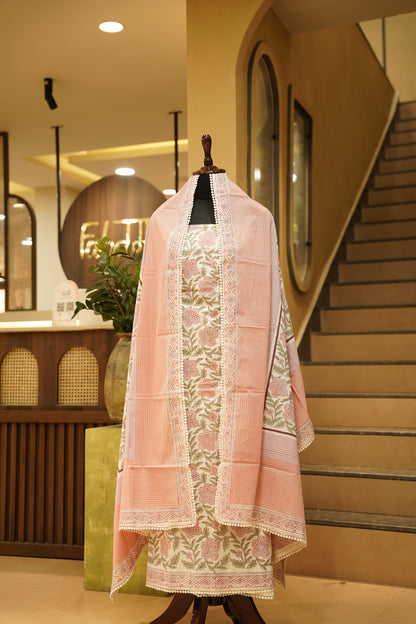 Off White Pure Cotton Block Printed Suit