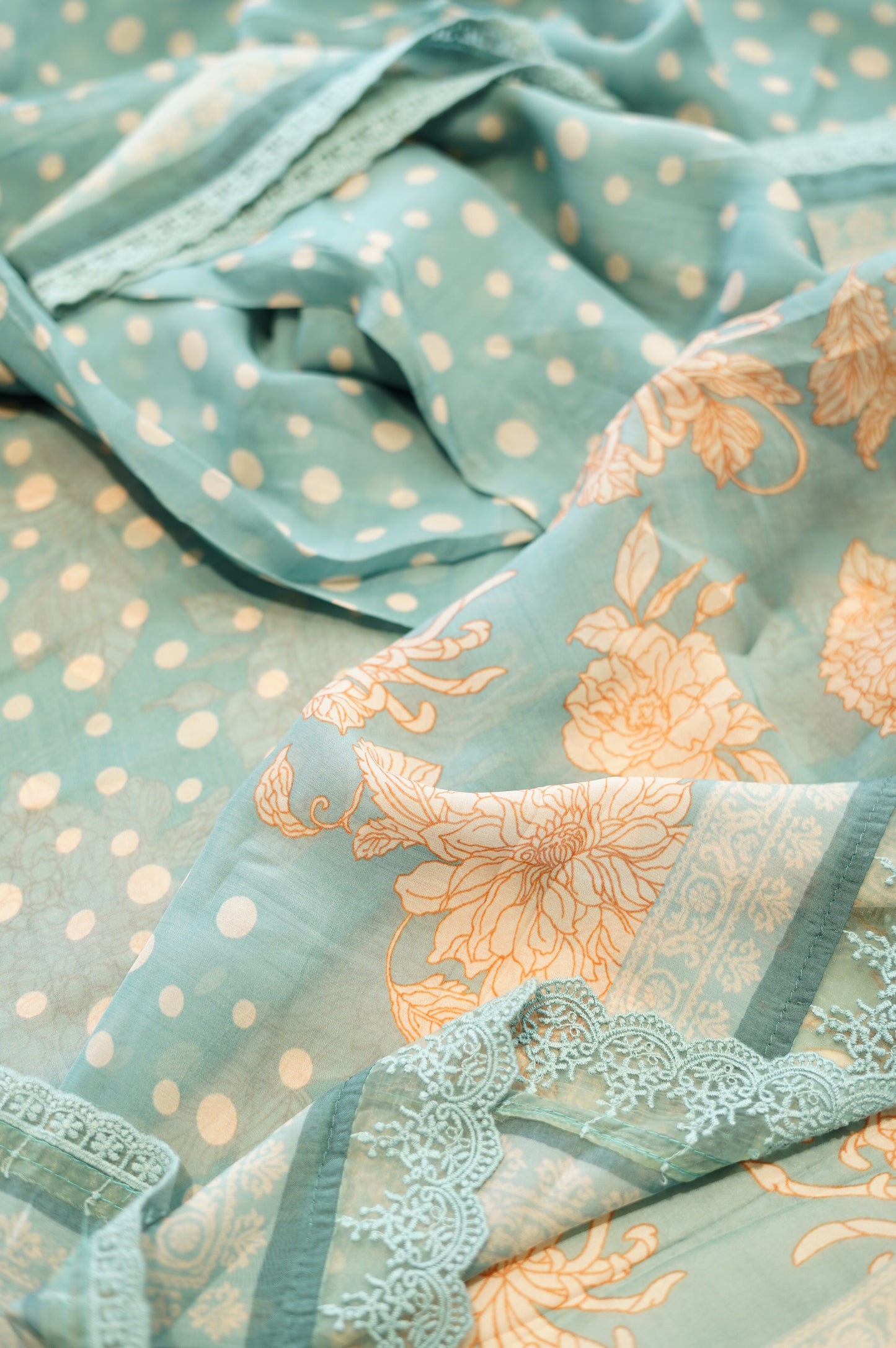 Blue Muslin Printed Suit with Neck Work