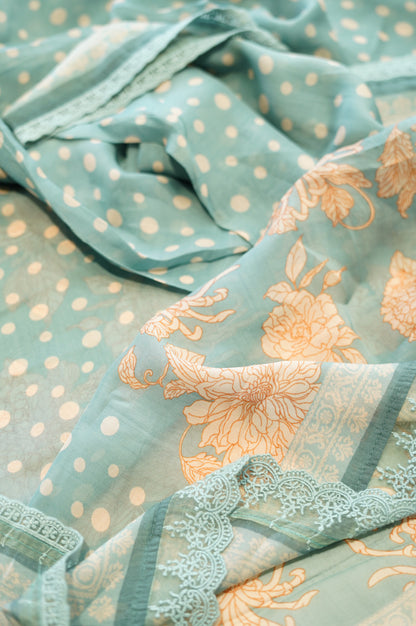 Blue Muslin Printed Suit with Neck Work