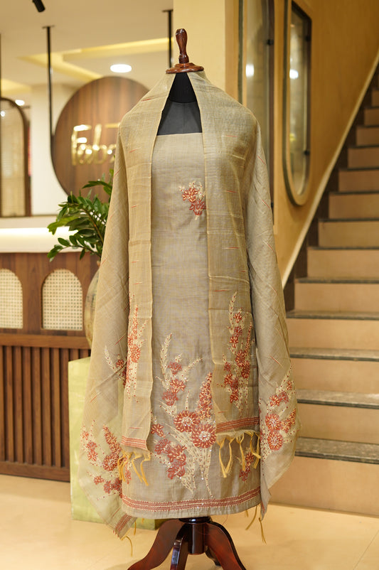 Brown Chanderi Jamdani Suit with Knot Embroidery