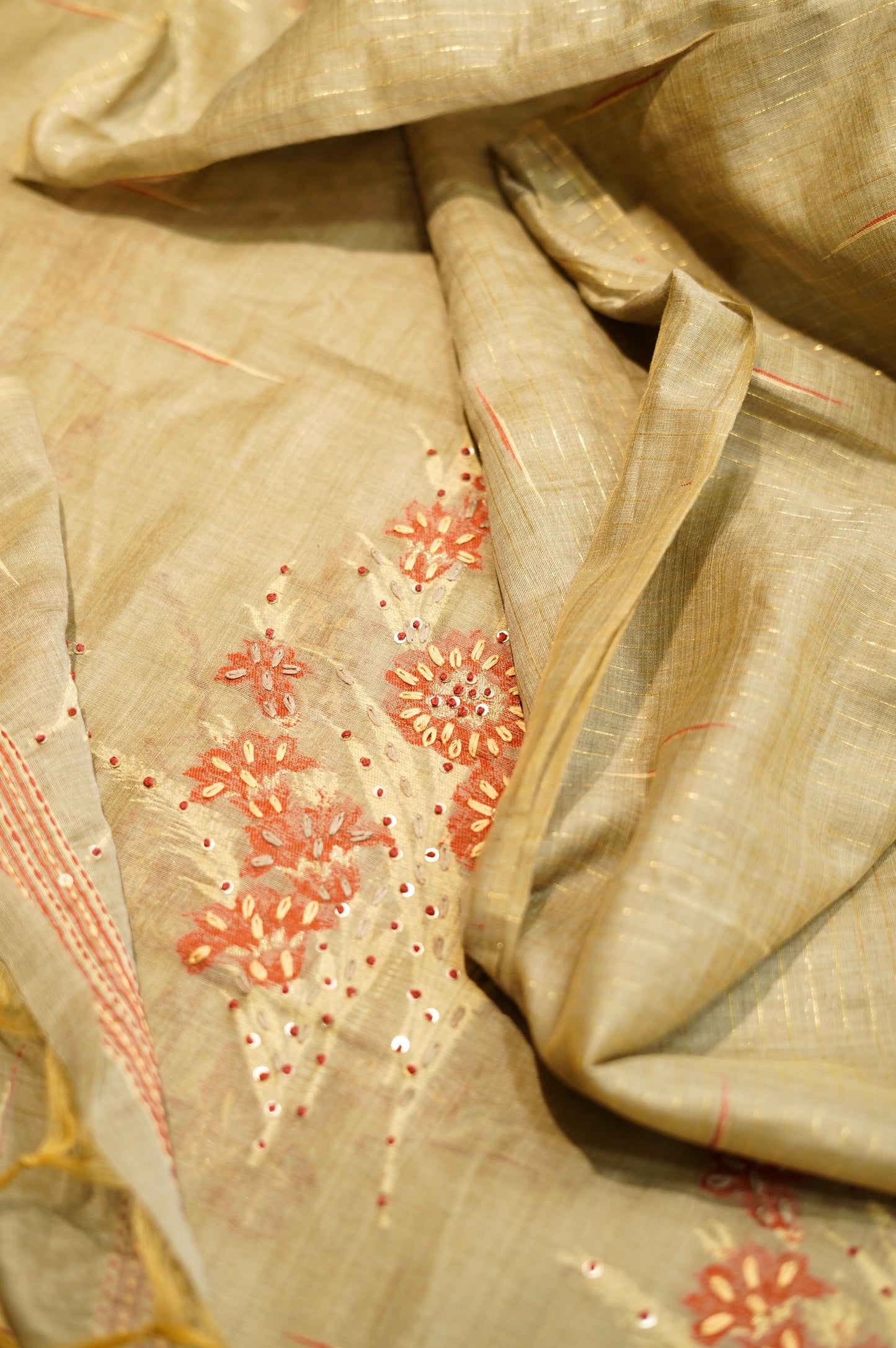 Brown Chanderi Jamdani Suit with Knot Embroidery