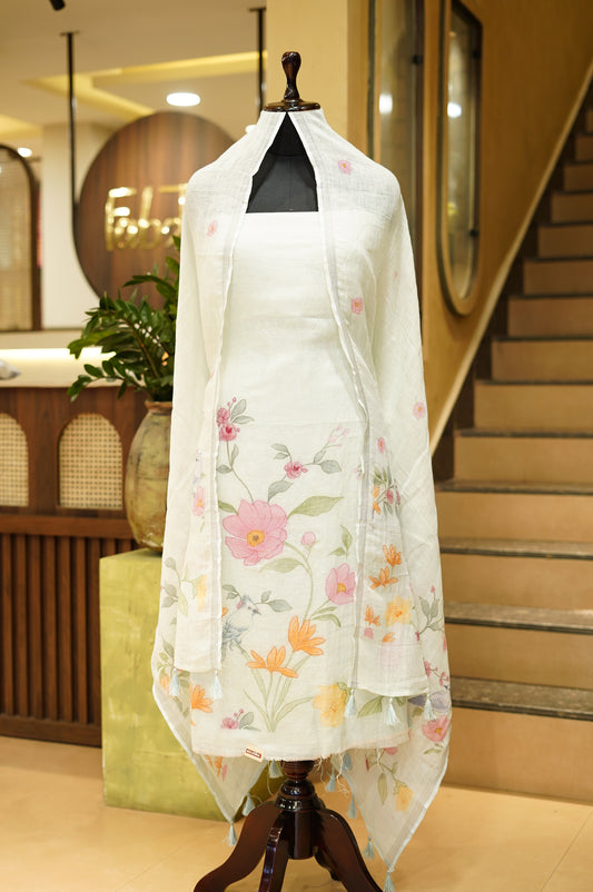Off White Pure Linen Printed Suit