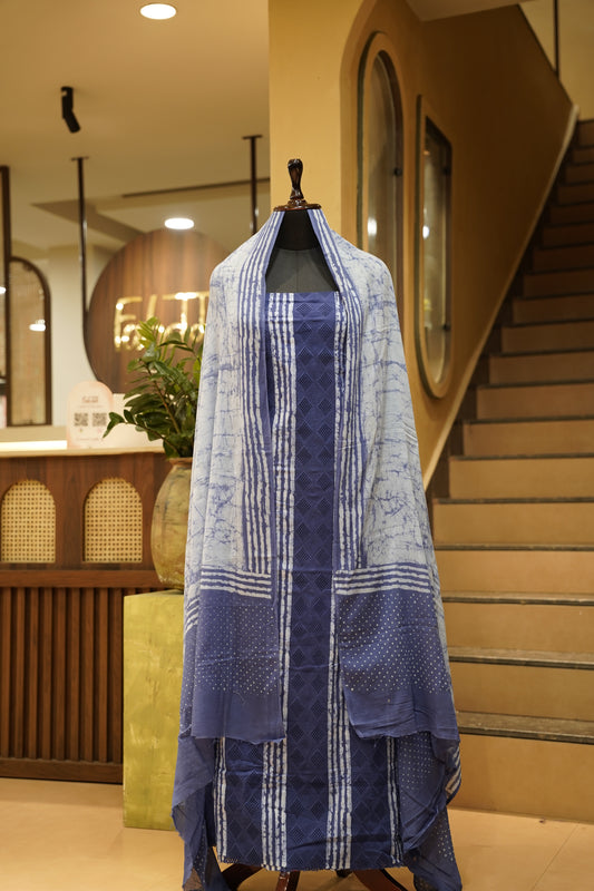 Blue Cotton Cutwork Suit with Batik Print