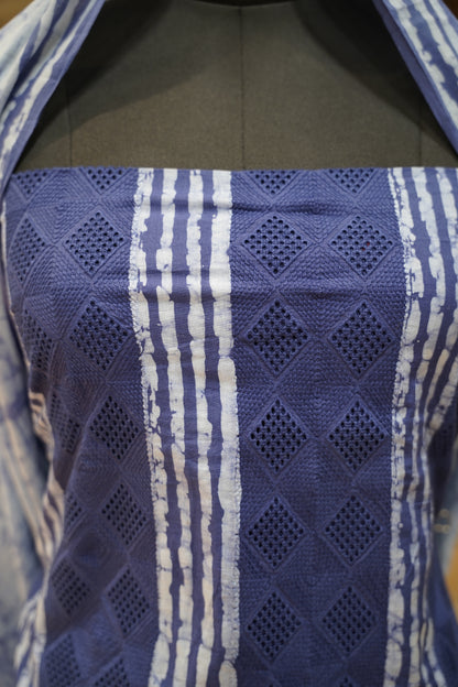 Blue Cotton Cutwork Suit with Batik Print