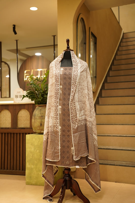 Brown Cutwork Cotton Suit with Batik Print
