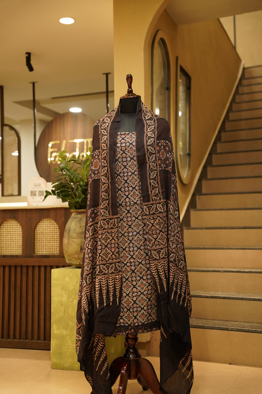 Black Cotton Ajrakh Printed Suit with Katha Embroidery