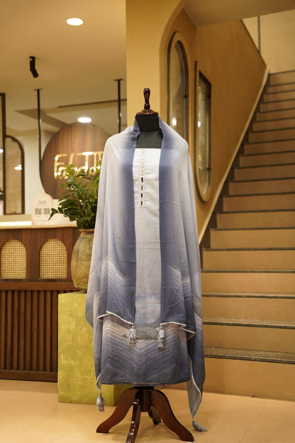 Blue Slub Linen Printed Suit with Mirror Neck Tie