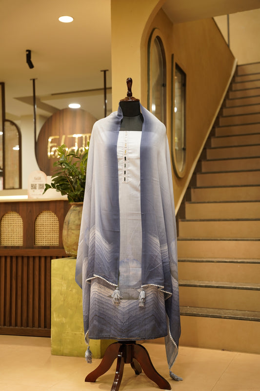 Blue Slub Linen Printed Suit with Mirror Neck Tie