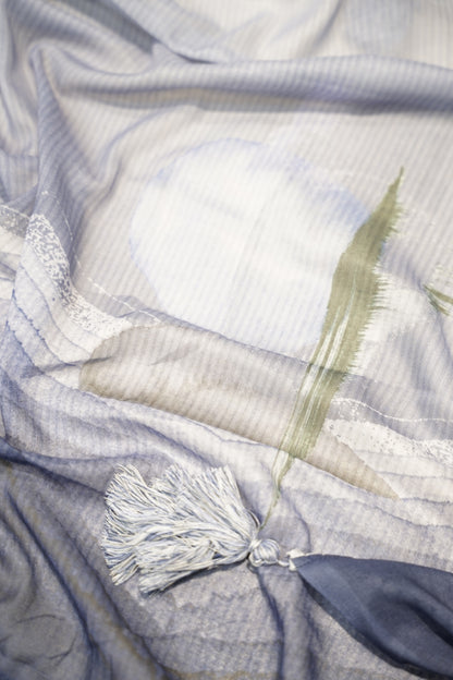 Blue Slub Linen Printed Suit with Mirror Neck Tie