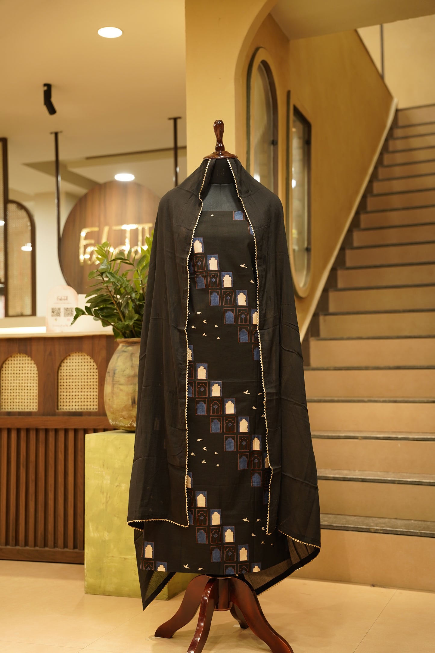 Black Cotton Printed Suit