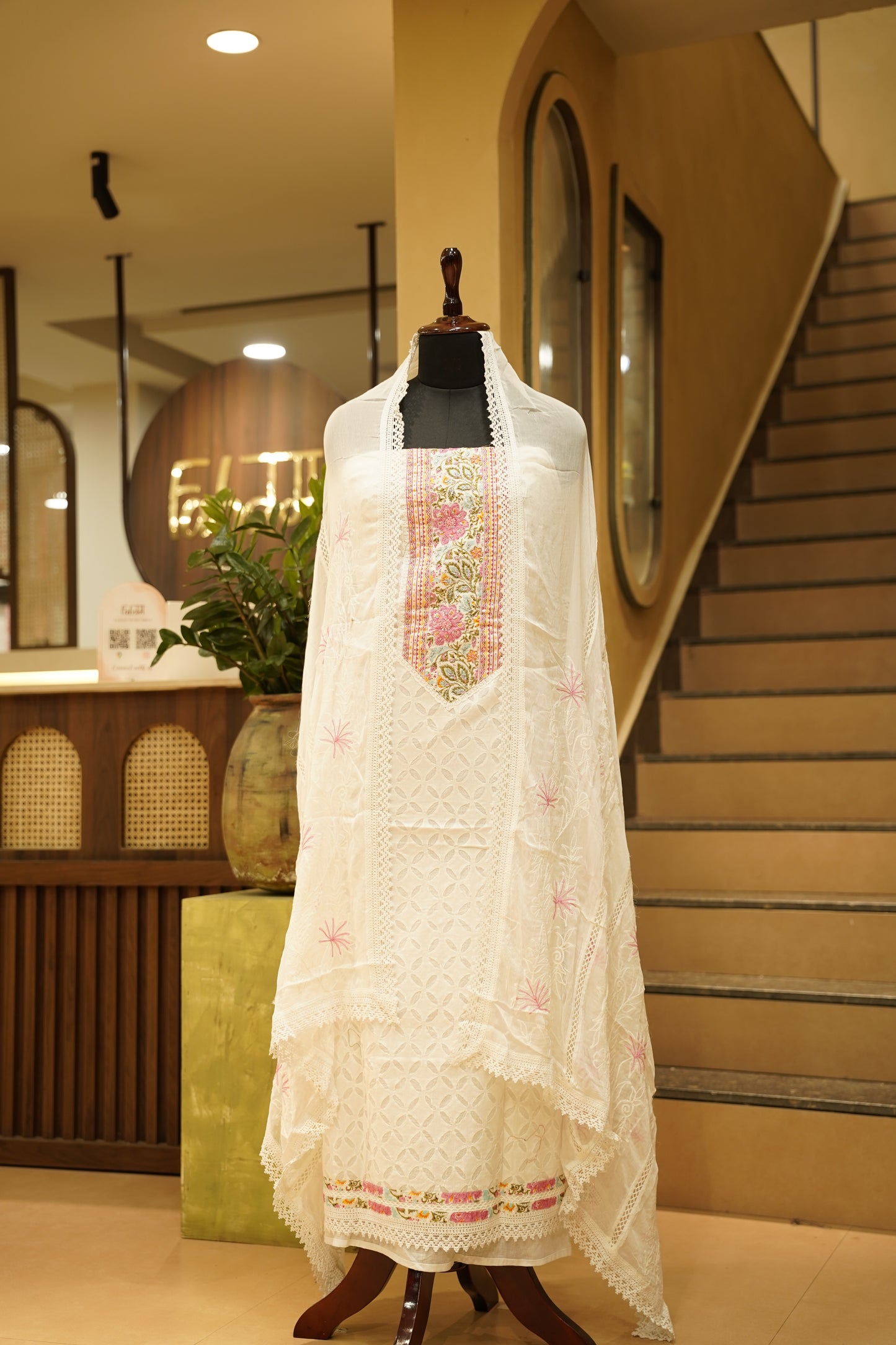 White Applique Cotton Suit with Neck Work