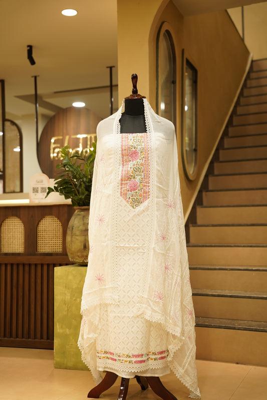 White Applique Cotton Suit with Neck Work