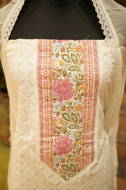 White Applique Cotton Suit with Neck Work