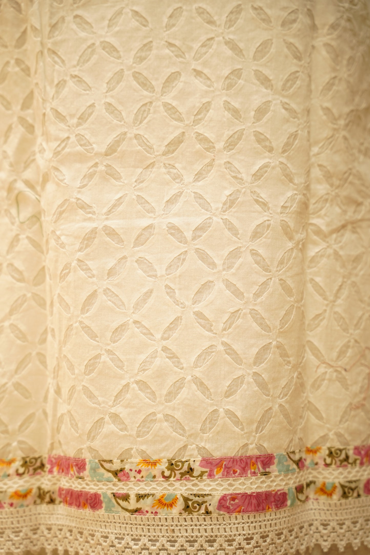 White Applique Cotton Suit with Neck Work