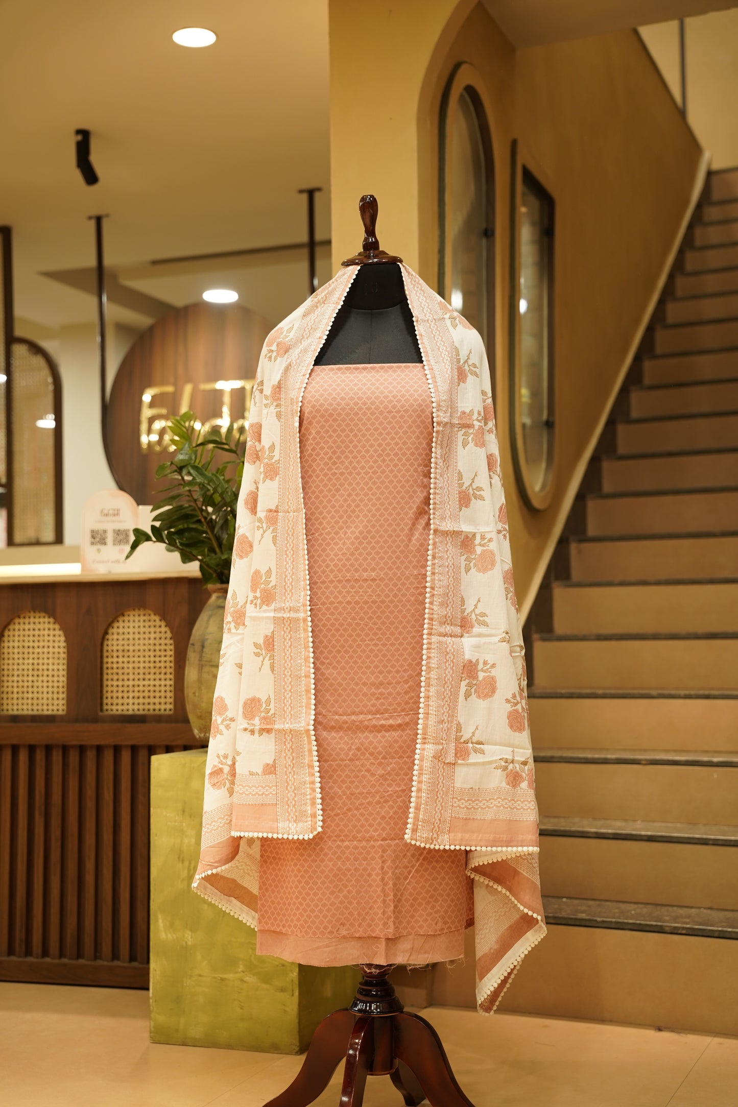 Peach Cotton Printed Suit