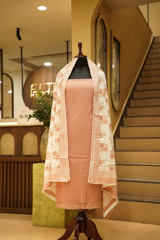 Peach Cotton Printed Suit