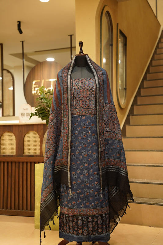 Blue Pure Linen Ajrakh Suit