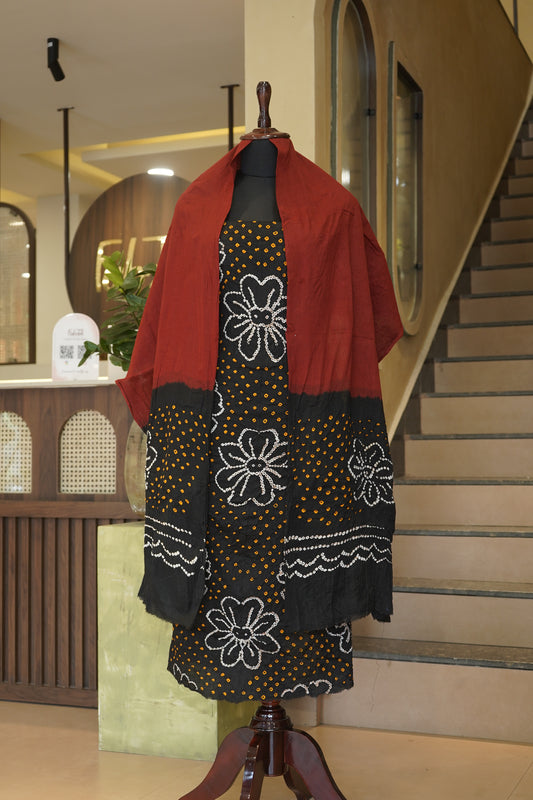 Black Cotton Bandhej Suit