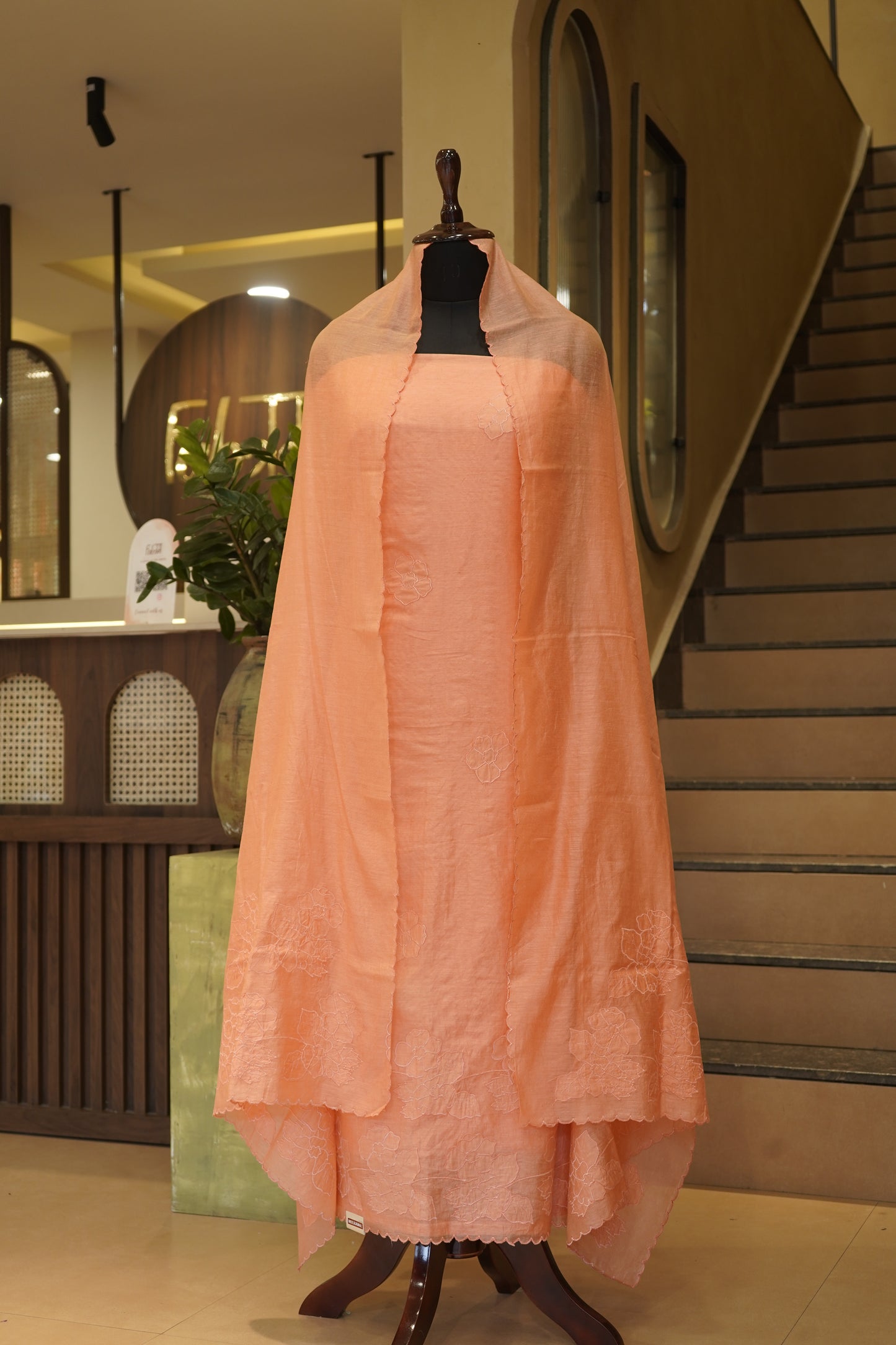Peach Linen Suit with Applique Work