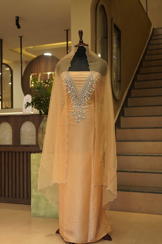 Peach Tissue Suit with Handwork