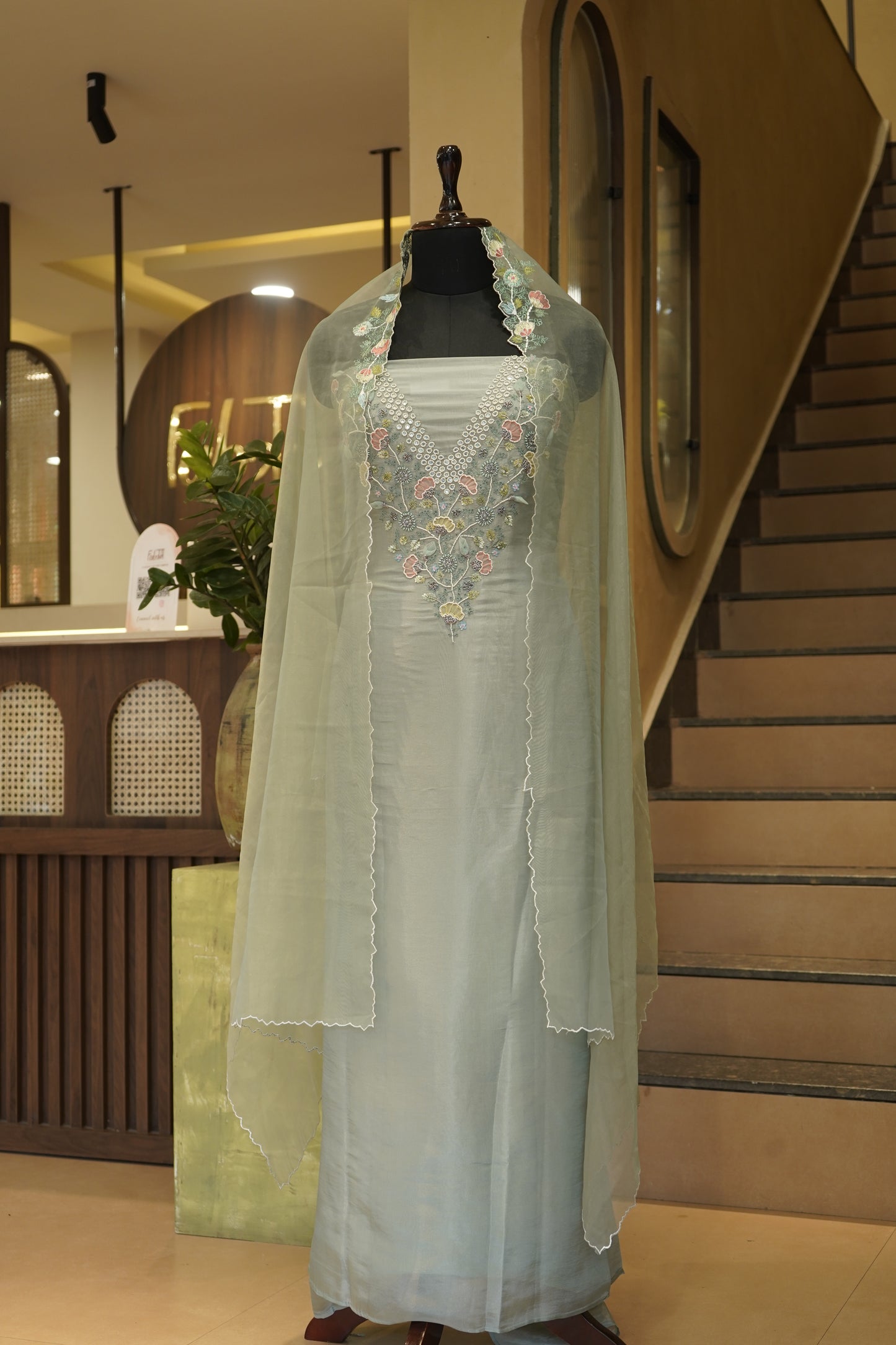 Green Tissue Suit with Handwork