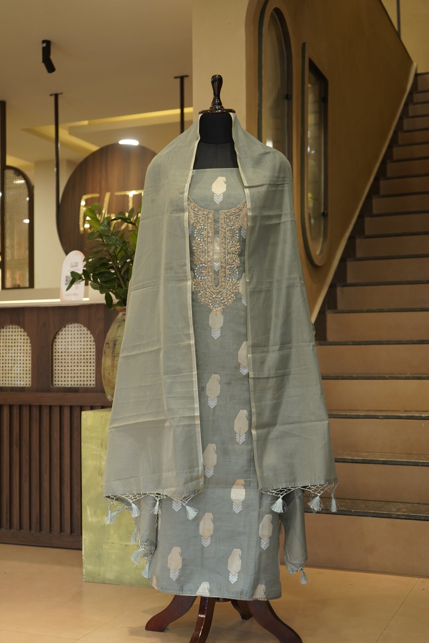 Green Self Chanderi Suit with Handwork