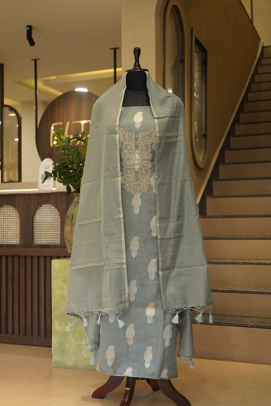 Green Self Chanderi Suit with Handwork