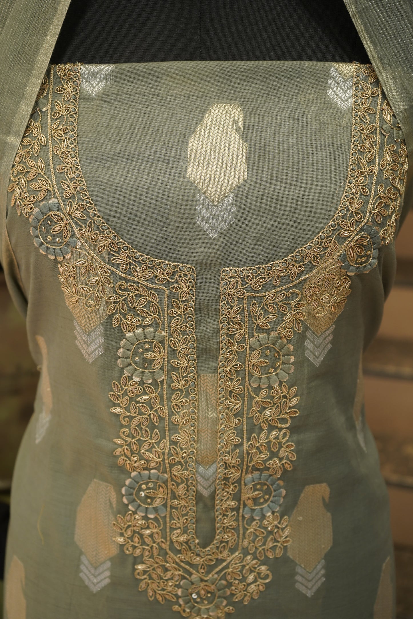 Green Self Chanderi Suit with Handwork