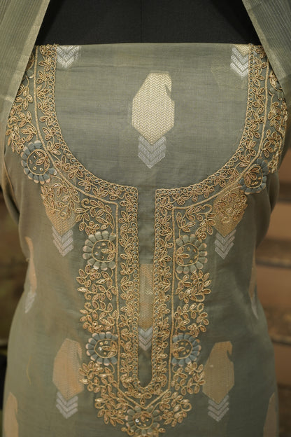 Green Self Chanderi Suit with Handwork