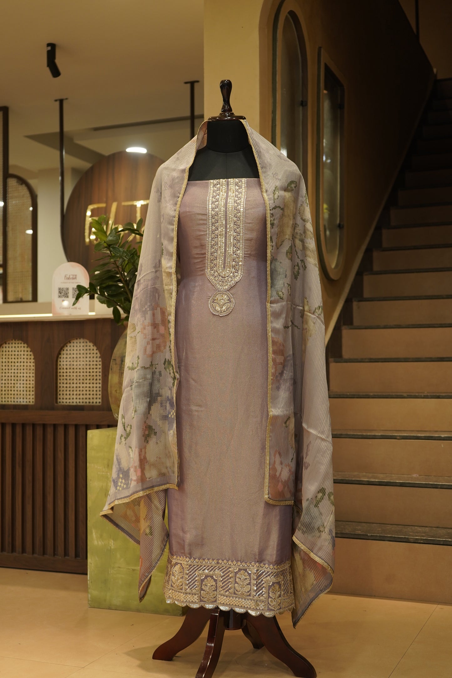 Purple Tissue Suit with Neck Tie Embroidery