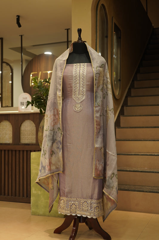 Purple Tissue Suit with Neck Tie Embroidery