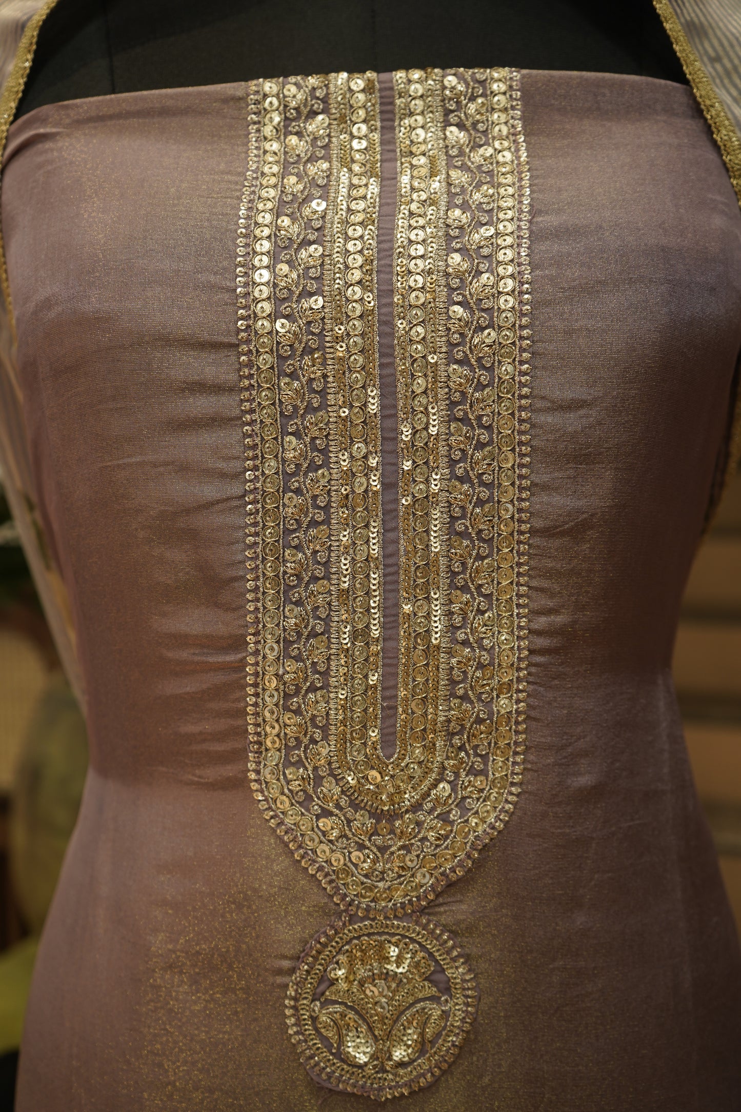 Purple Tissue Suit with Neck Tie Embroidery