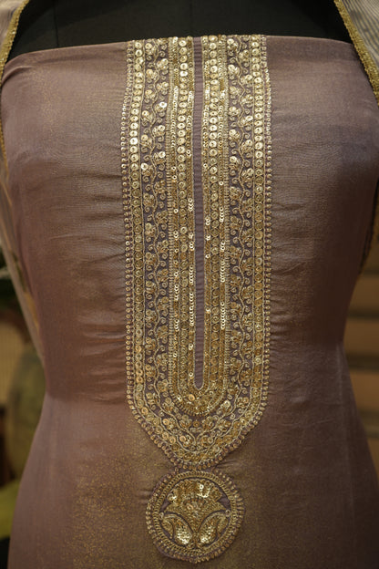 Purple Tissue Suit with Neck Tie Embroidery