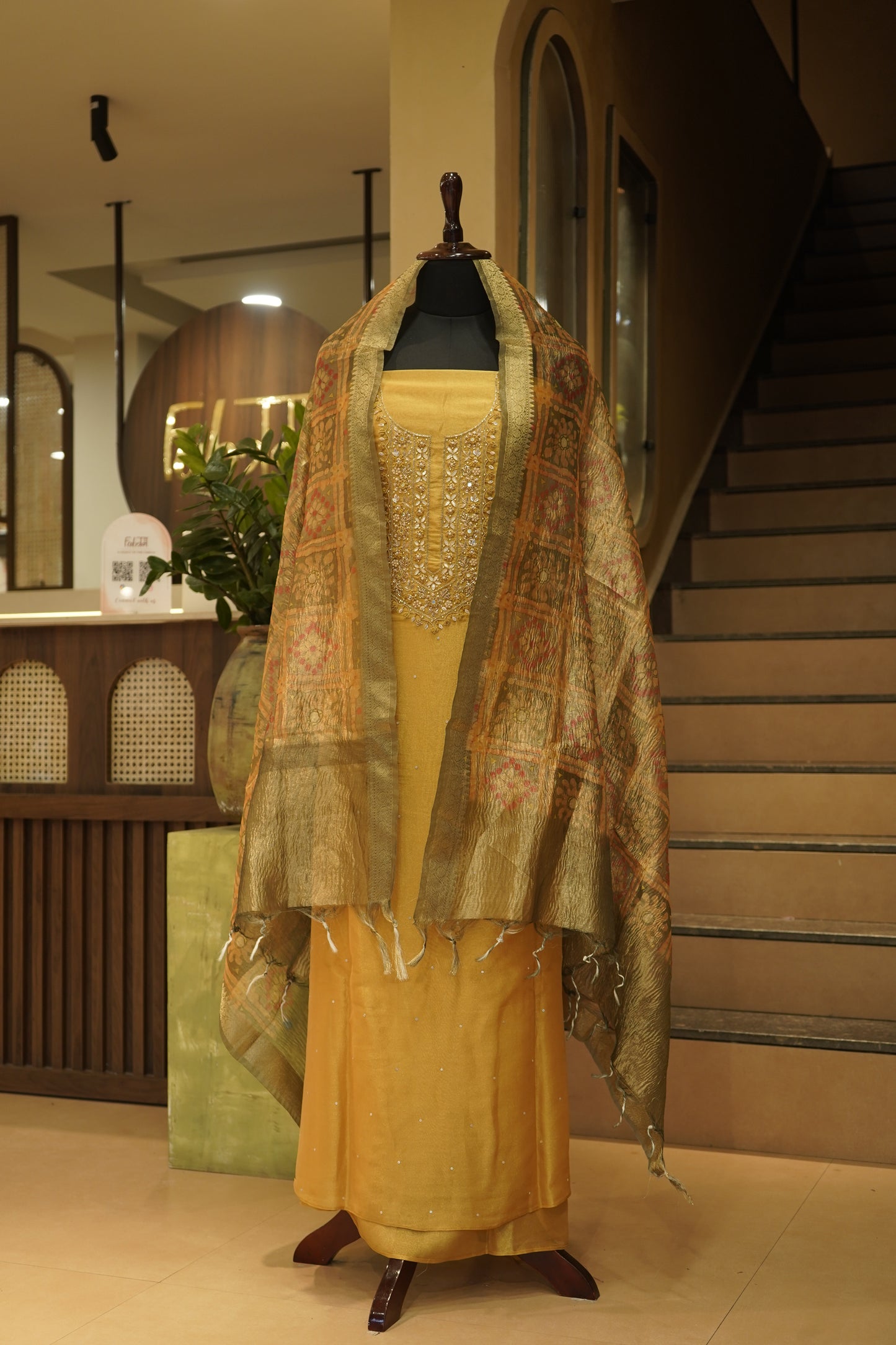 Yellow Tissue Suit with Neck Work