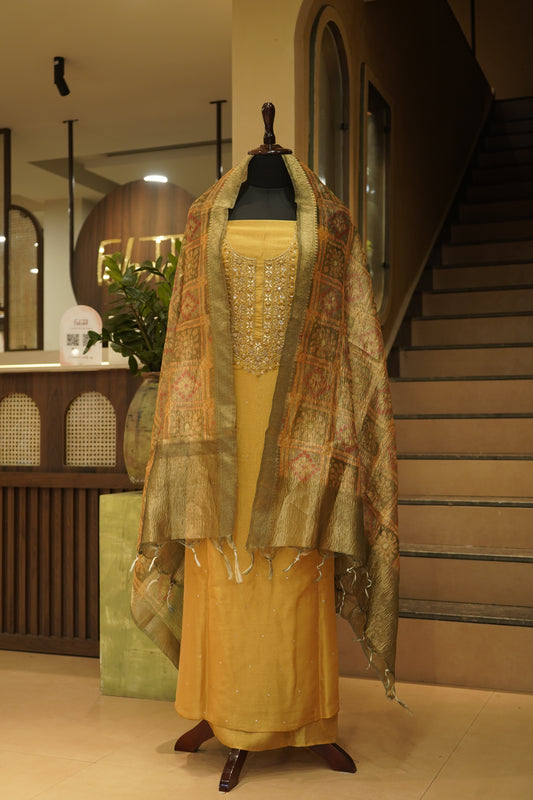 Yellow Tissue Suit with Neck Work