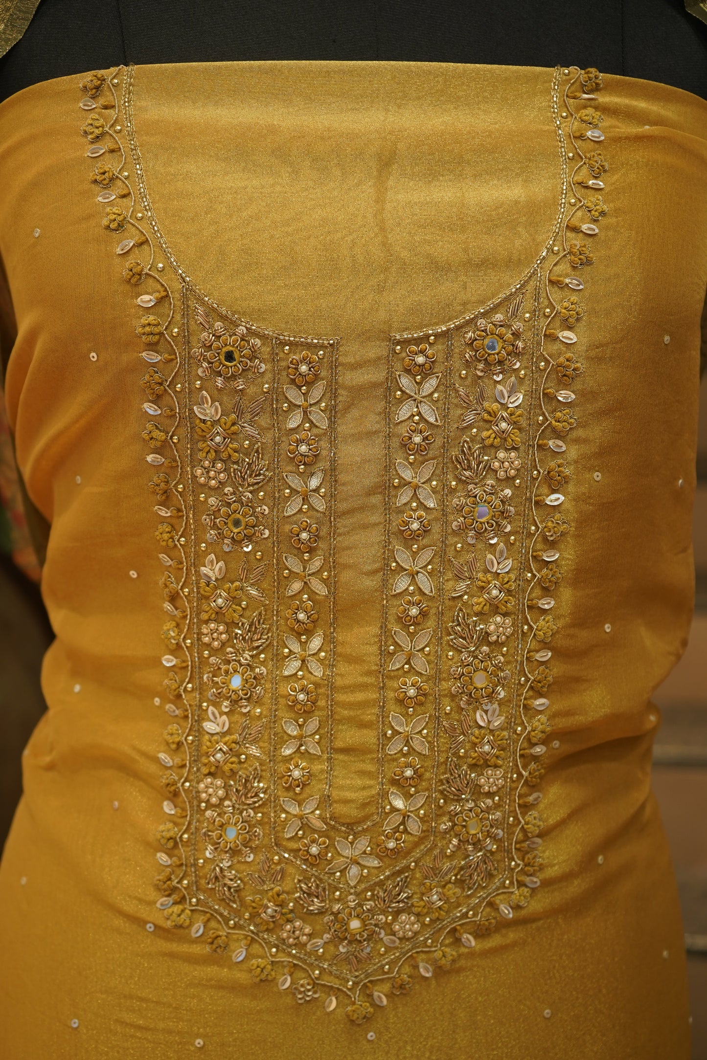 Yellow Tissue Suit with Neck Work